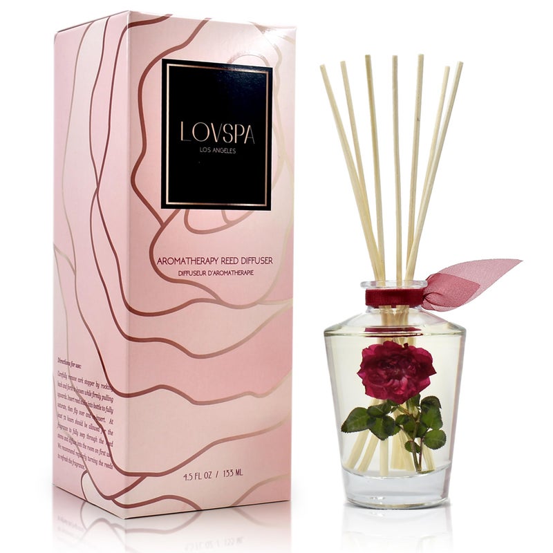 LOVSPA Reed Diffuser Set, PURIFY Rosewater Scented Oil Diffuser with Sticks, Home Fragrance Accessories for Bathroom Shelf Decor, Aroma Diffusers for Home or Office Desk, USA Made - Image 1